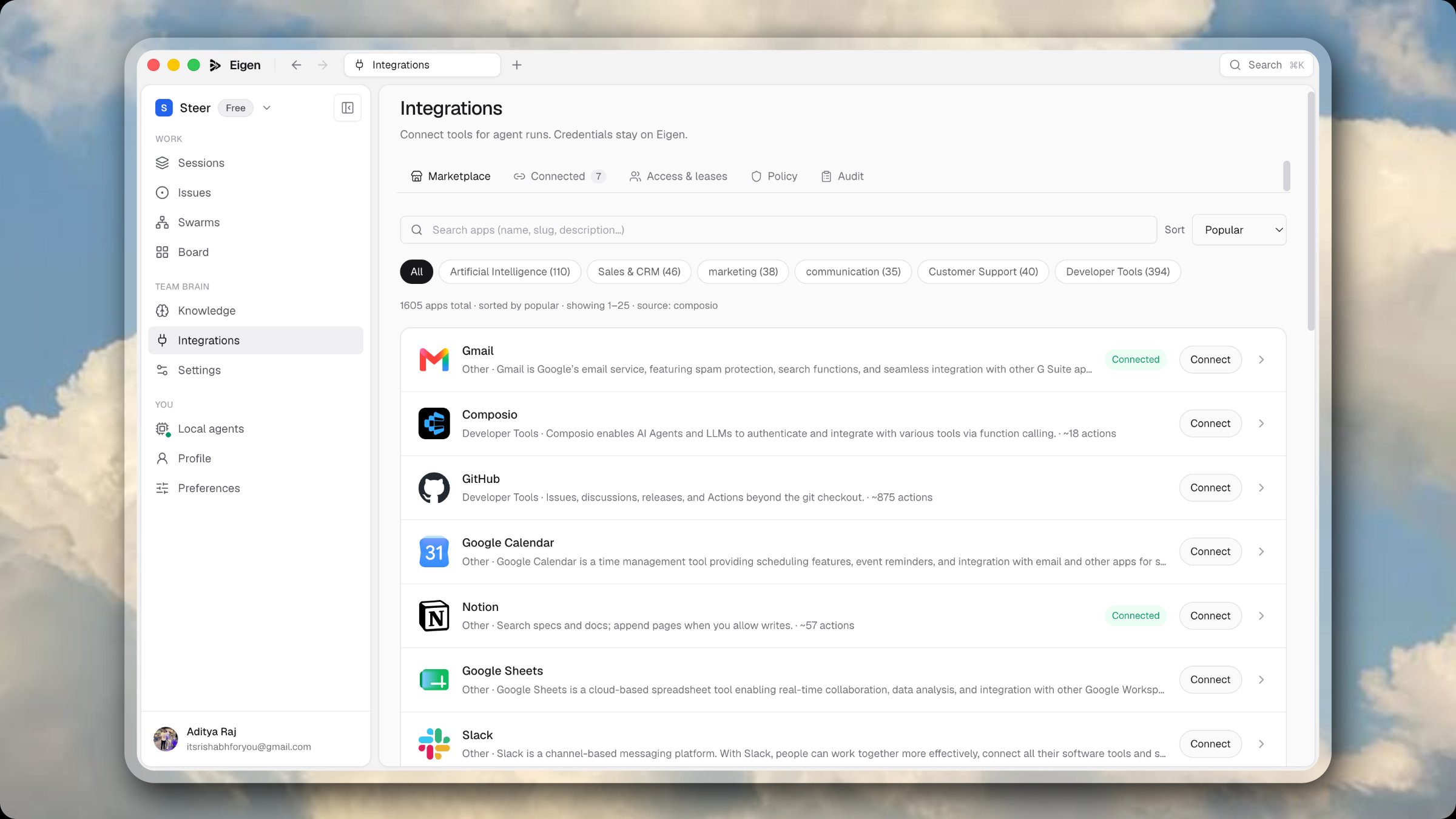 Eigen integrations with connected tools and scopes